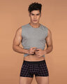 Shop Men's Black And Aubergine Checkered Trunks-Front