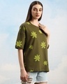 Shop Unisex Olive Green Floral Printed Loose Fit T-shirt-Design