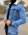 Shop Blue Washed Denim Jacket With Fur-Design