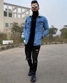 Shop Blue Washed Denim Jacket With Fur-Full