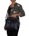 Shop Faux Leather Embroidered Fancy Handle Navy Round Sling Bag