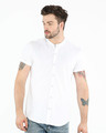 Shop White Mandarin Collar Pique Shirt-Front