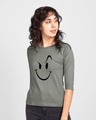 Shop Women's Grey Wink New 3/4th Sleeve Graphic Printed Slim Fit T-shirt-Front