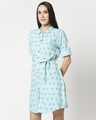 Shop Women All Over Printed Button Down Blue Dress-Design
