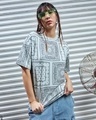 Shop Women's Blue & Black All Over Printed Oversized T-shirt-Front