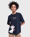 Shop Women's Blue Believe Cat Graphic Printed Oversized T-shirt-Front
