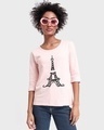 Shop Women's Pink Bonjour Paris Graphic Printed 3/4 Sleeve Slim Fit T-shirt-Front