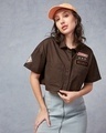 Shop Women's Brown Mickey Graphic Printed Oversized Cropped Shirt-Front