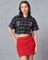 Shop Women's Black & Grey Peanuts Checked Oversized Cropped Shirt-Design