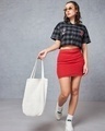 Shop Women's Black & Grey Peanuts Checked Oversized Cropped Shirt-Full