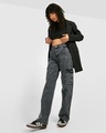 Shop Women's Acid Grey Washed Straight Fit Cargo Jeans-Full