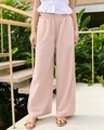 Shop Women's Beige Flared Cotton Linen Pants-Front