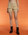Shop Women's Beige Denim Cargo Shorts-Front