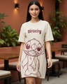 Shop Women's Beige Stitch Graphic Printed T-Shirt Dress-Front