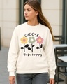 Shop Women's Beige Happy Graphic Printed Oversized Sweatshirt-Front