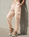 Shop Women's Beige Oversize Cargo Joggers-Front
