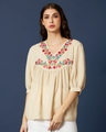 Shop Women's Beige Polyester Embroidered Yoke Top-Front