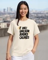 Shop Women's Beige Sarcasm Typography Boyfriend T-shirt-Front