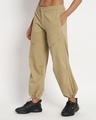 Shop Women's Beige Tapered Fit Cargo Parachute Pants-Front