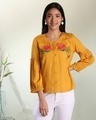 Shop Women's Mustard Bishop Sleeves Embroidered Top-Front
