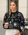 Shop Women's Black All Over Printed Oversized Cropped Sweatshirt-Front