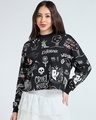 Shop Women's Black All Over Printed Oversized Cropped Sweatshirt-Front