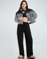 Shop Women's Black & White All Over Printed Oversized Zipper Puffer Jacket-Full