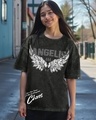 Shop Women's Black Angel Is Graphic Printed Oversized Acid Wash T-shirt-Front