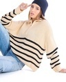 Shop Women's Beige & Black Striped Oversized Sweater-Front