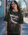 Shop Women's Black Freedom Wings Graphic Printed Oversized Acid Wash T-shirt-Front