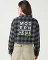 Shop Women's Black & Grey Modern Noise Checked Oversized Cropped Shirt-Front