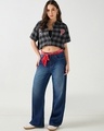 Shop Women's Black & Grey Peanuts Checked Oversized Cropped Shirt-Full