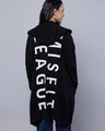 Shop Women's Black Misfit League Typography Super Loose Fit Hooded Flatknit Sweater-Front