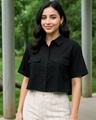 Shop Women's Black Oversized Crop Cotton Linen Shirt-Front