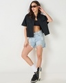 Shop Women's Black Oversized Crop Cotton Linen Shirt-Full