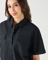 Shop Women's Black Oversized Crop Cotton Linen Shirt