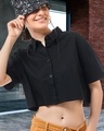 Shop Women's Black Oversized Crop Linen Shirt-Front