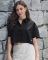 Shop Women's Black Oversized Crop Cotton Linen Shirt-Front
