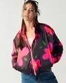 Shop Women's Black & Pink All Over Printed Oversized Reversible Puffer Jacket-Front