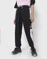 Shop Women's Black & Pink Color Block Relaxed Fit Cargo Joggers-Front