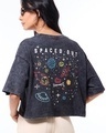 Shop Women's Black Spaced Out Graphic Printed Oversized Acid Wash Crop T-shirt-Front