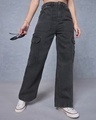 Shop Women's Black Straight Fit Cargo Jeans-Front