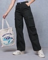 Shop Women's Black Straight Fit Cargo Jeans-Front