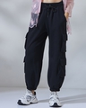 Shop Women's Black Super Loose Fit Cargo Joggers-Front