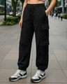 Shop Women's Black Super Loose Fit Cargo Joggers-Front