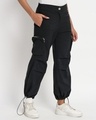 Shop Women's Black Tapered Fit Cargo Parachute Pants-Front