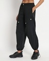 Shop Women's Black Tapered Fit Cargo Parachute Pants-Front