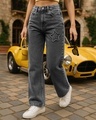 Shop Women's Black Washed Straight Fit Distressed Jeans-Front
