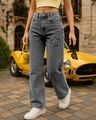 Shop Women's Black Washed Straight Fit Distressed Jeans-Front