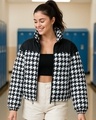 Shop Women's Black & White All Over Printed Oversized Zipper Puffer Jacket-Front